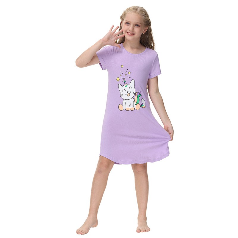 FOREEMME Nightgowns for Women Cotton Night Shirts Short Sleeve Night Gown  Dress Casual Pajamas Soft Cartoon Sleepwear M Pink Cat