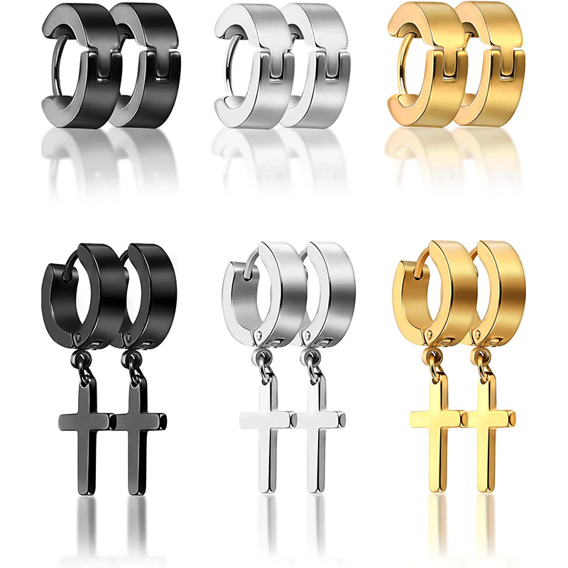 Image of A Set Of 6 Stainless Steel Earrings Featuring Hanging Crosses In Golden, Black, And Stainless Steel Colors