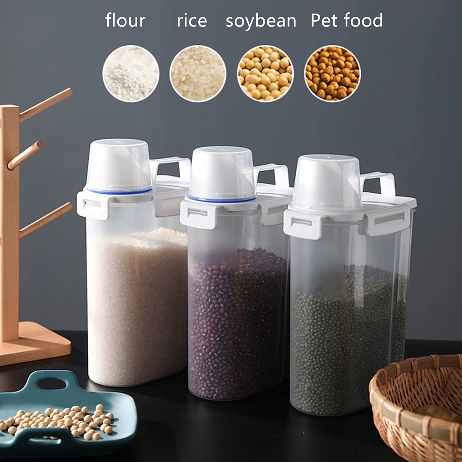 Food Flour Storage Containers Airtight Snack Sugar Cereals AS Container  Large Capacity Rice Bucket With Measuring Cup Seal Lids