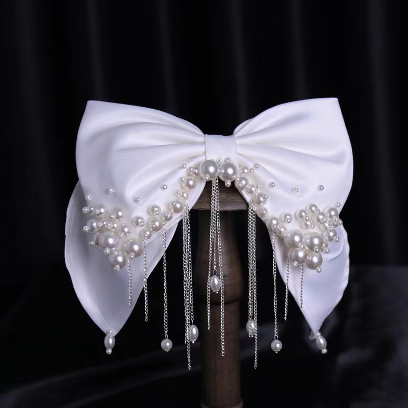 Pearl Veil and Hair Bow Clip for Bachelorette Party White Pearl Bow