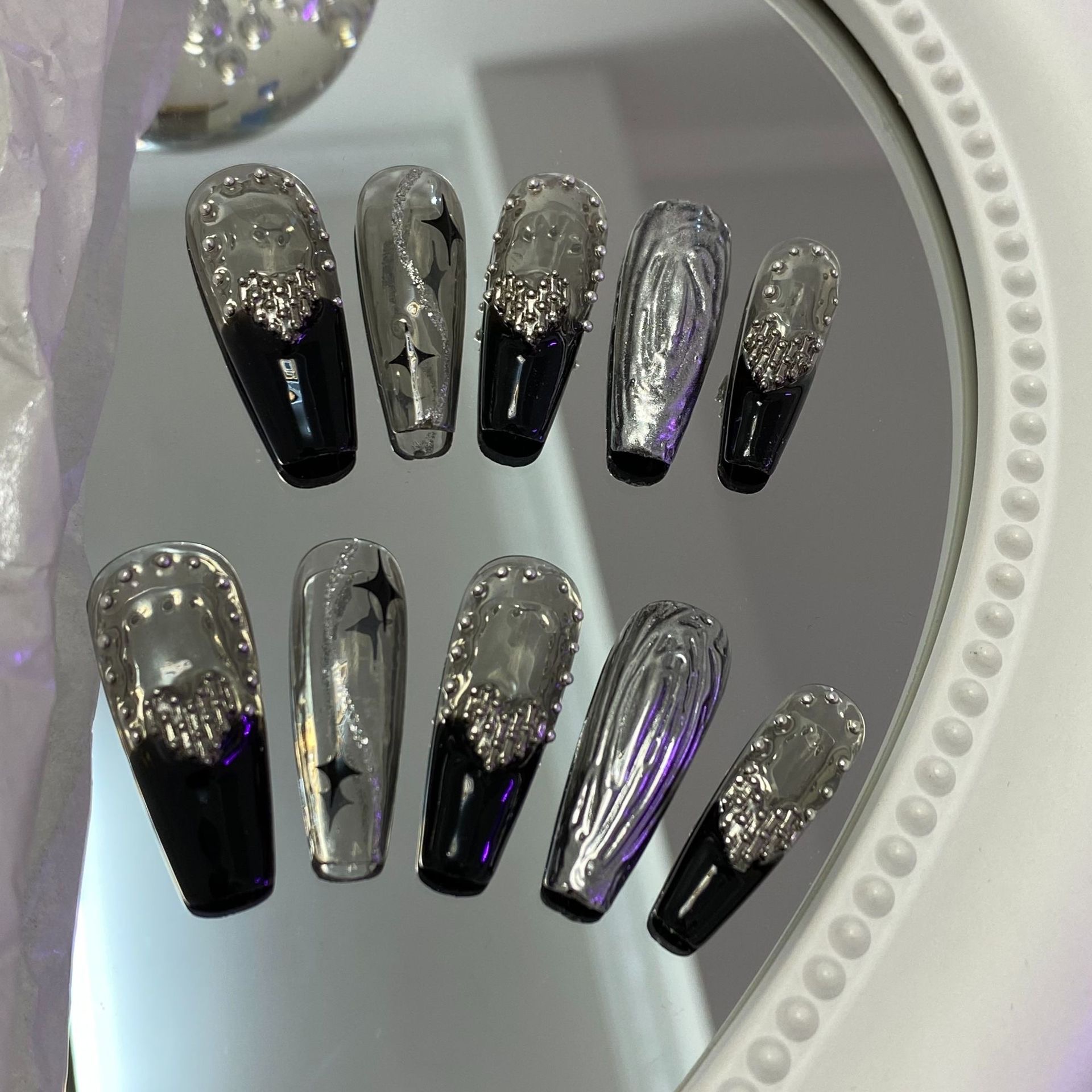 Gothic Style Handmade Press On Nails Black French Tip Fake Temu