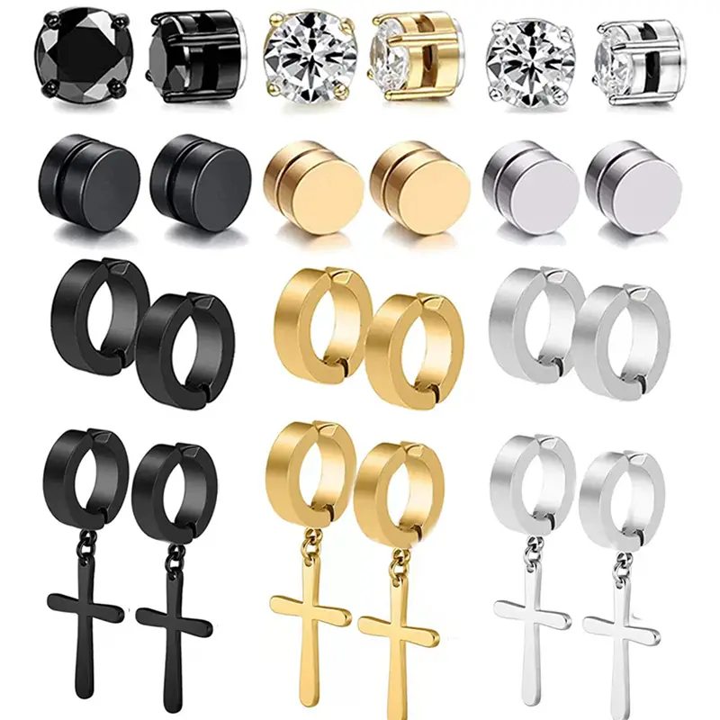 12Pairs Magnetic Stainless Steel Non Pierced Earrings for Men Magnet CZ Clip on Dangle Earrings Set,Temu