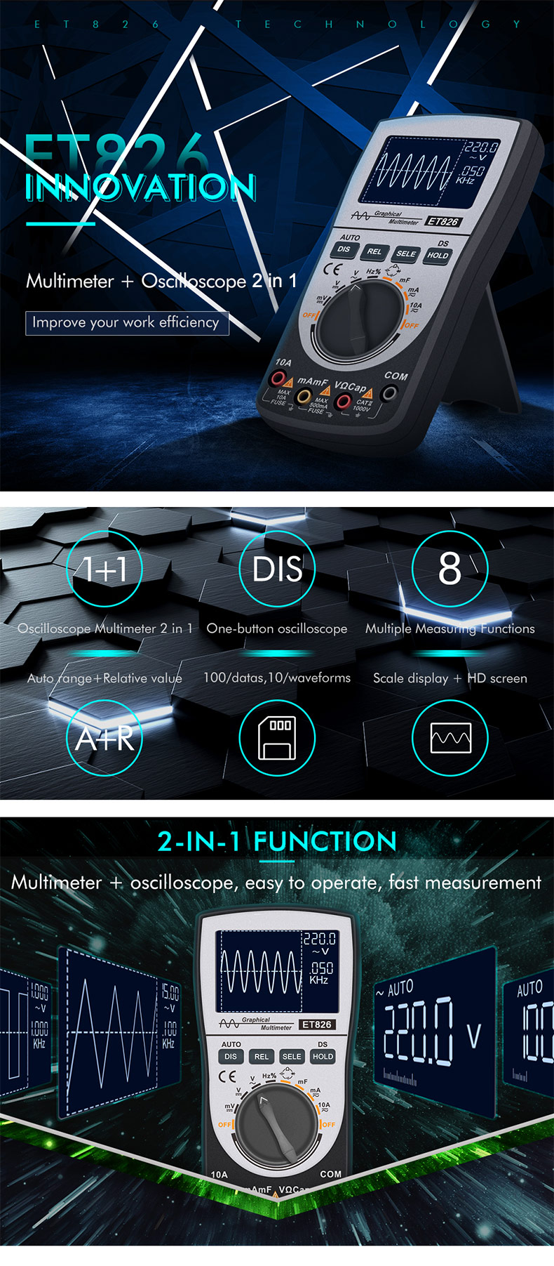 ET310B 2 in 1 Wireless bluetooth 20MHz handheld oscilloscope digital  multimeter