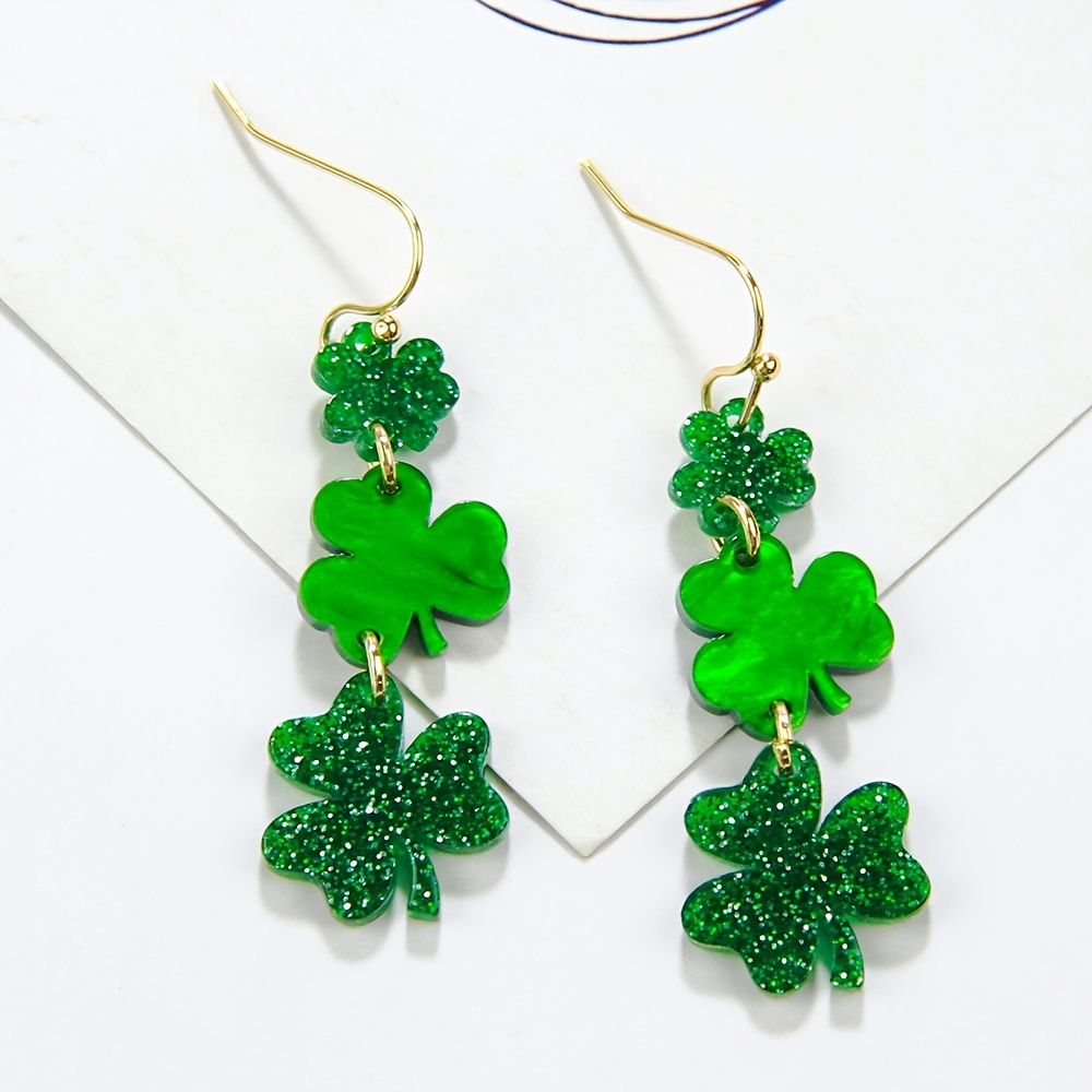 St Patricks Day Earrings Dangle, Green Shamrock Earrings, Four Leaf Clover Earrings, Irish Jewelry, Lucky Irish Earrings, Solid Green & White