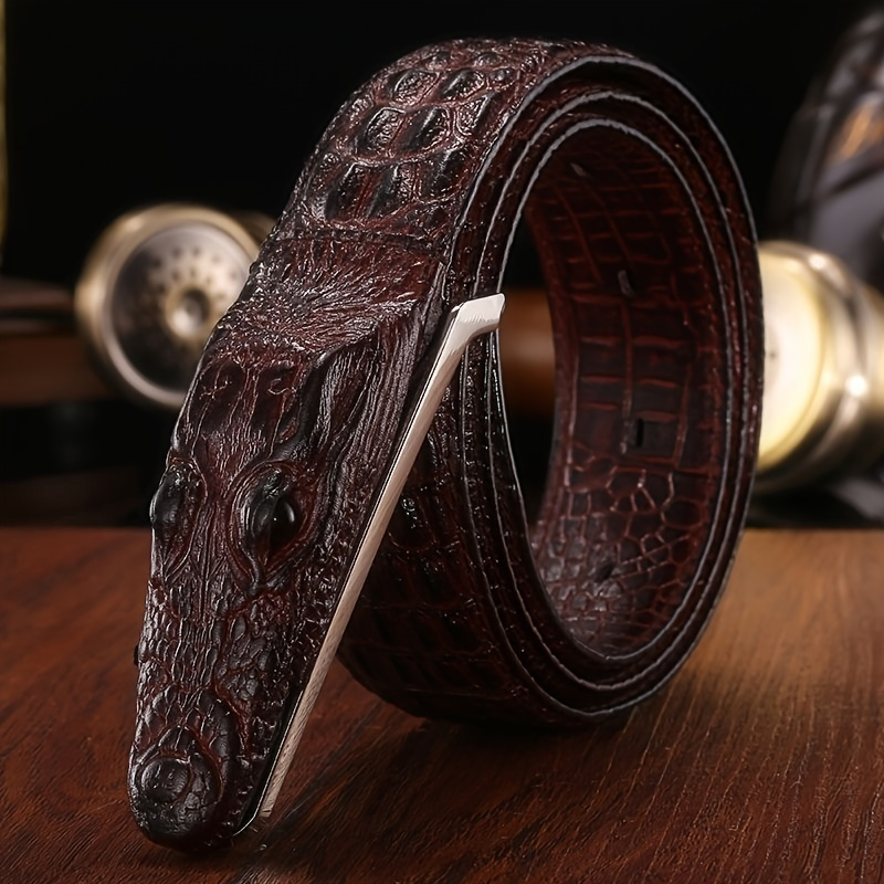 

1pc Crocodile Head Belt Men's Leather Cowhide Crocodile Pattern Belt Casual Personality New Smooth Buckle Trouser Belt For Social Youth, Ideal Choice For Gifts