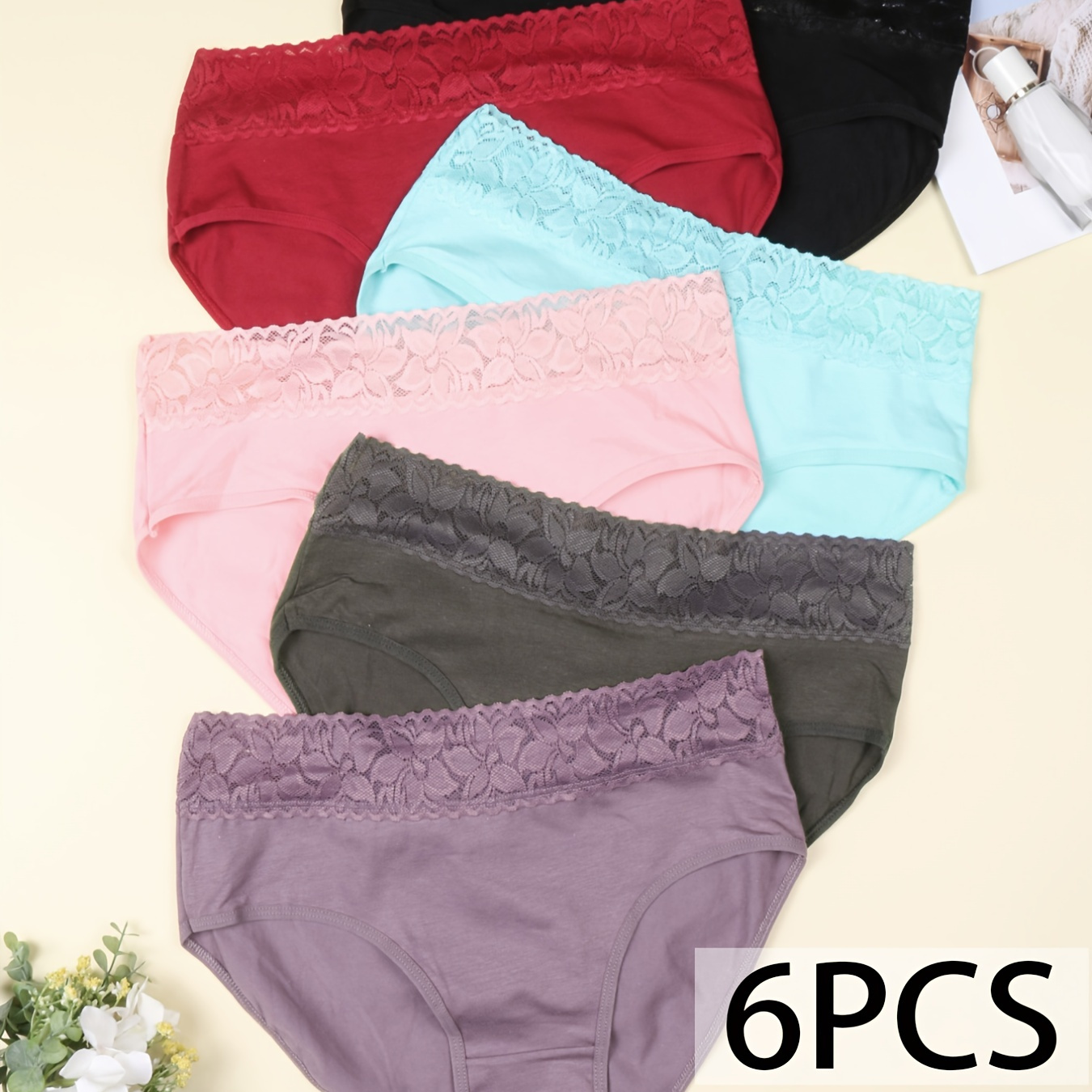 

Lace Trim Bikini Briefs, Breathable Mid-rise Elastic Waist Cotton Panties, Women's Lingerie & Underwear
