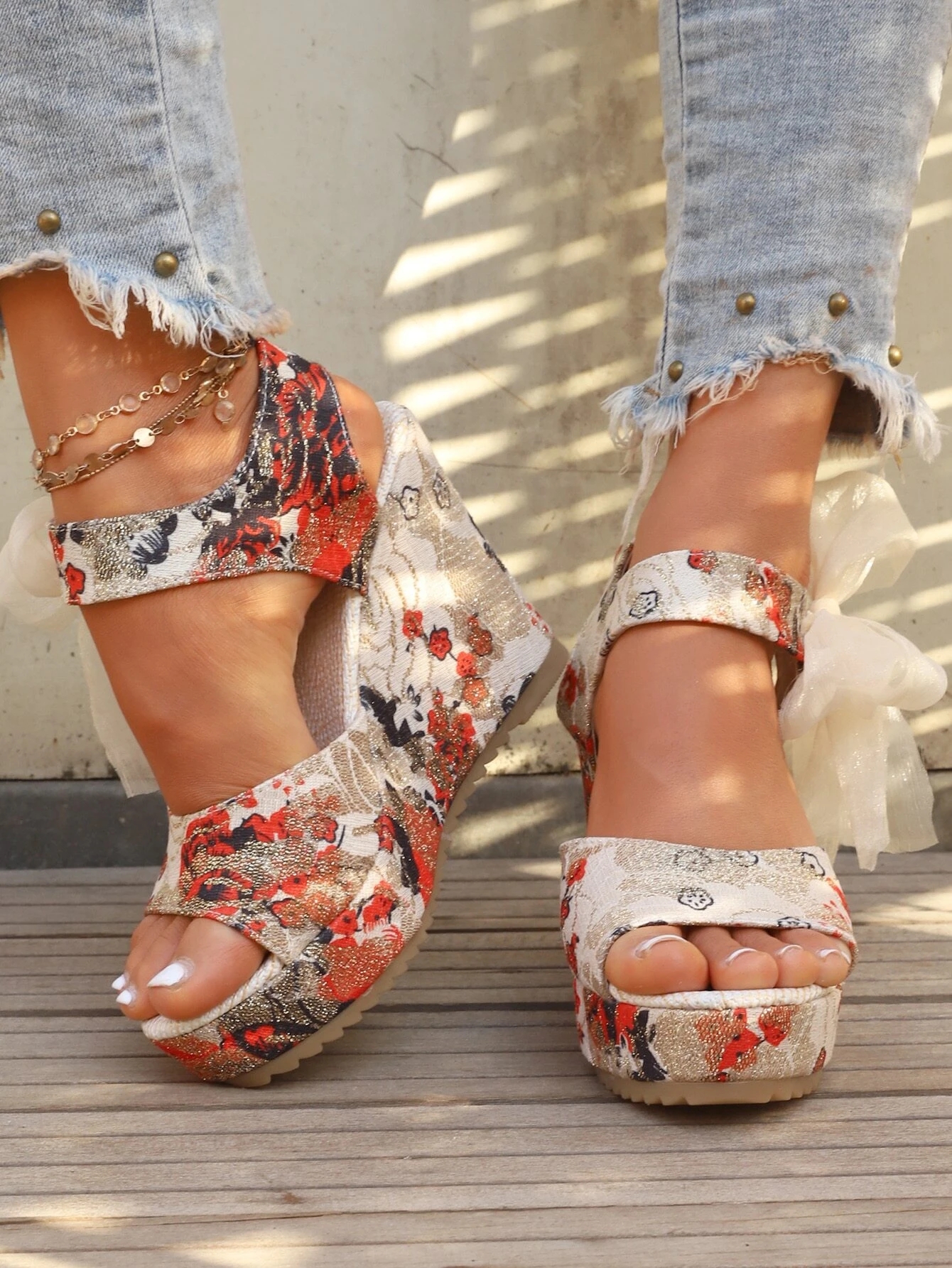 Women's Platform Wedge Heels Flower Ankle Strap Round Toe - Temu