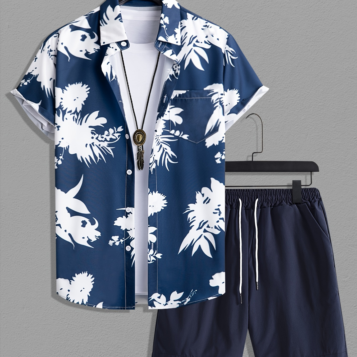 Men's Print Lapel Casual Shirt Outfit Set, 2 Pieces Short Sleeve Shirts And Drawstring Shorts