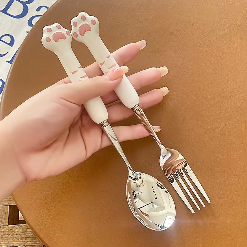 3pcs Cute Cat Paw Ceramic Cutlery Set Stainless Steel Tableware Spoon Fork  Chopsticks Set Portable Reusable Utensils Set With Case For Travel Camping  Office Lunch, 24/7 Customer Service