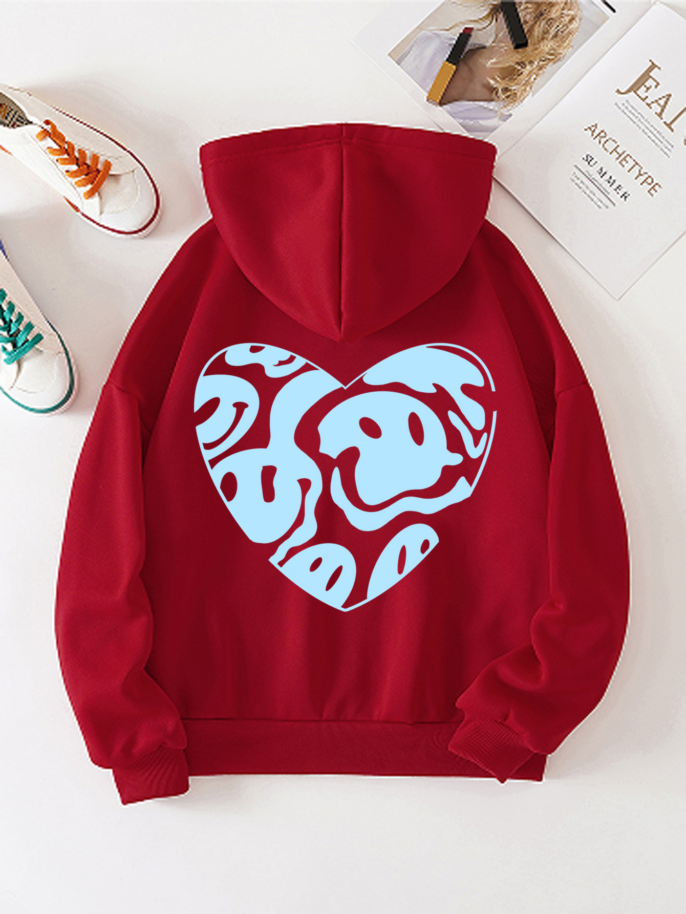 Heart shaped Smile Face Print Pullover Shirts Drawstring Zip