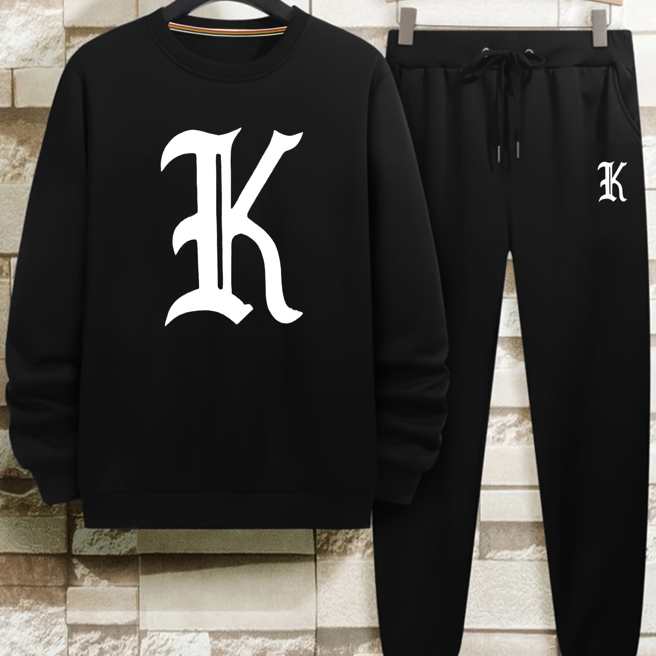 

Men's Creative K Graphic Print Round Neck Casual Outfit Set, 2 Pieces Long Sleeve Pullover Sweatshirt And Drawstring Sweatpants