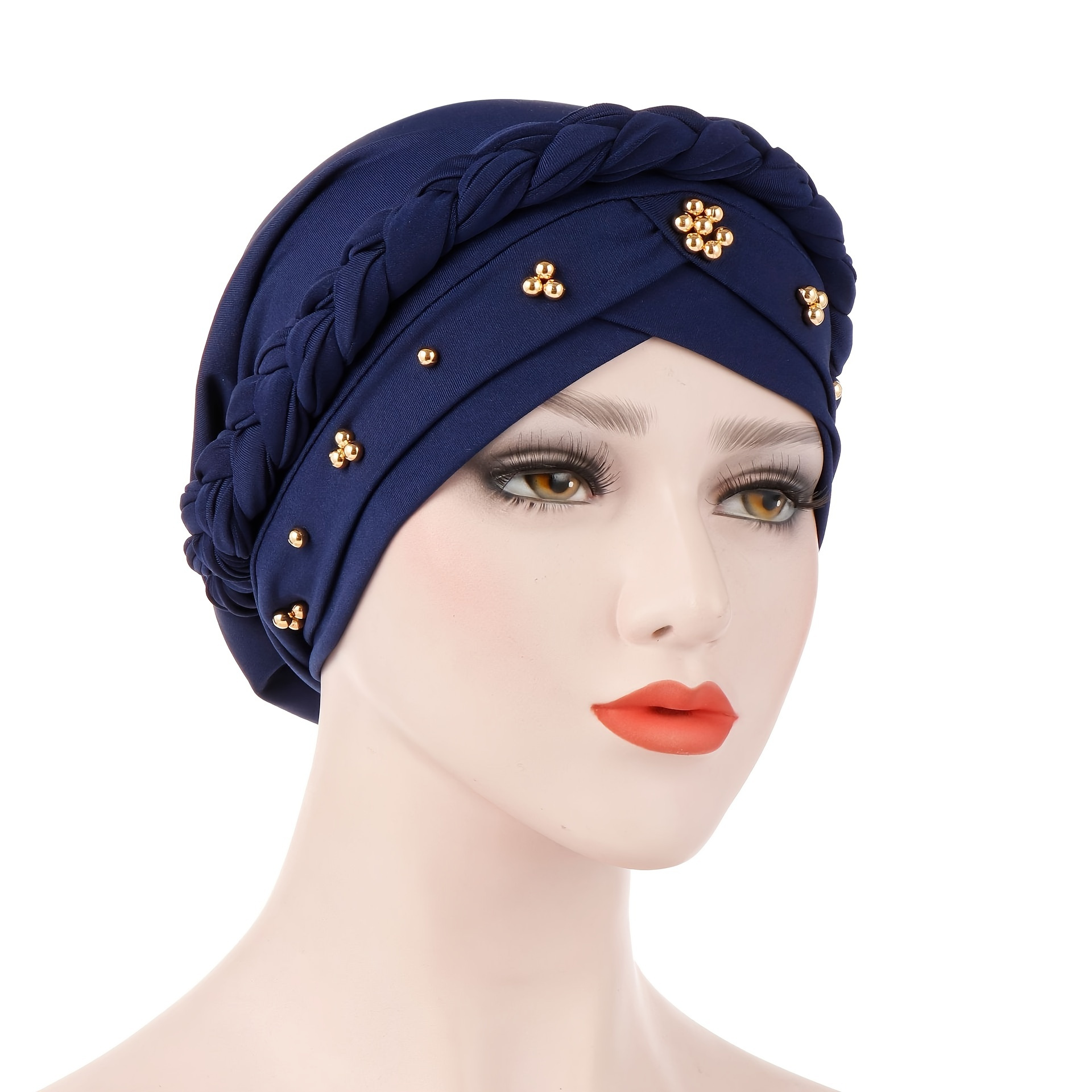 

Solid Color Turban Cap, Soft Women Braid Beads Decor Hijab Turban Head Scarf Hat
