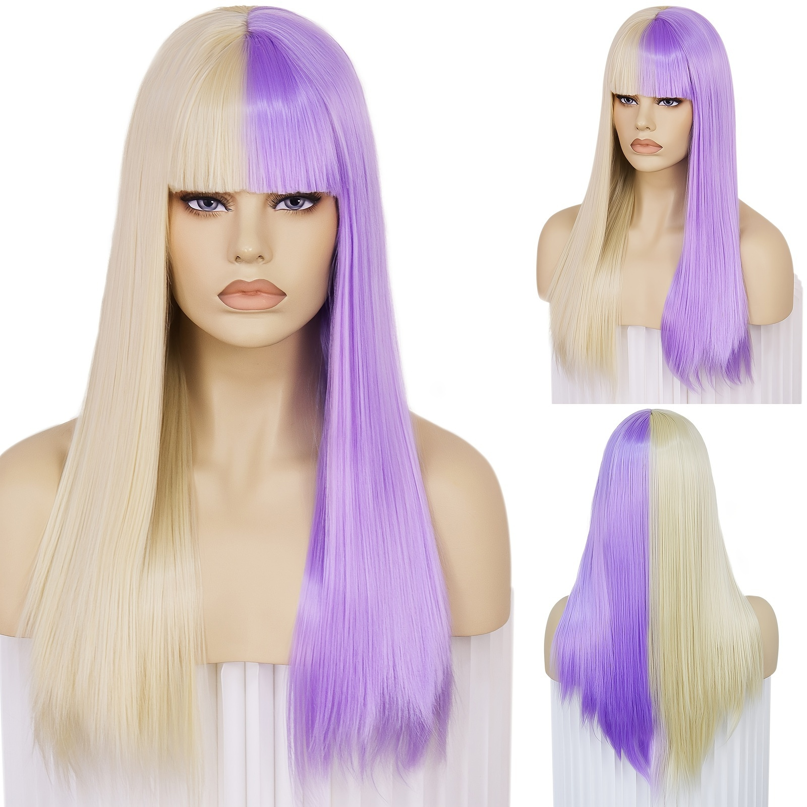 Lunga parrucca sintetica gialla e viola dritta per cosplay di Halloween e  1pc Wig Cap