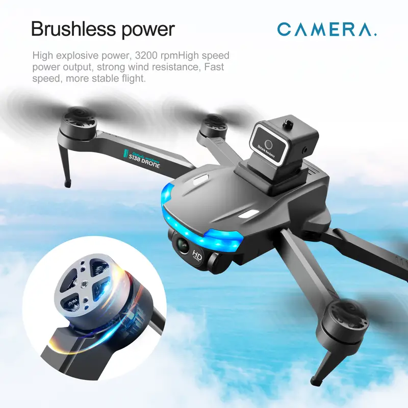 s138 foldable drone with auto avoid obstacles hd camera brushless motor live video gravity sensor gesture control optical flow positioning headless mode 3d flip rtf includes carrying bag details 15
