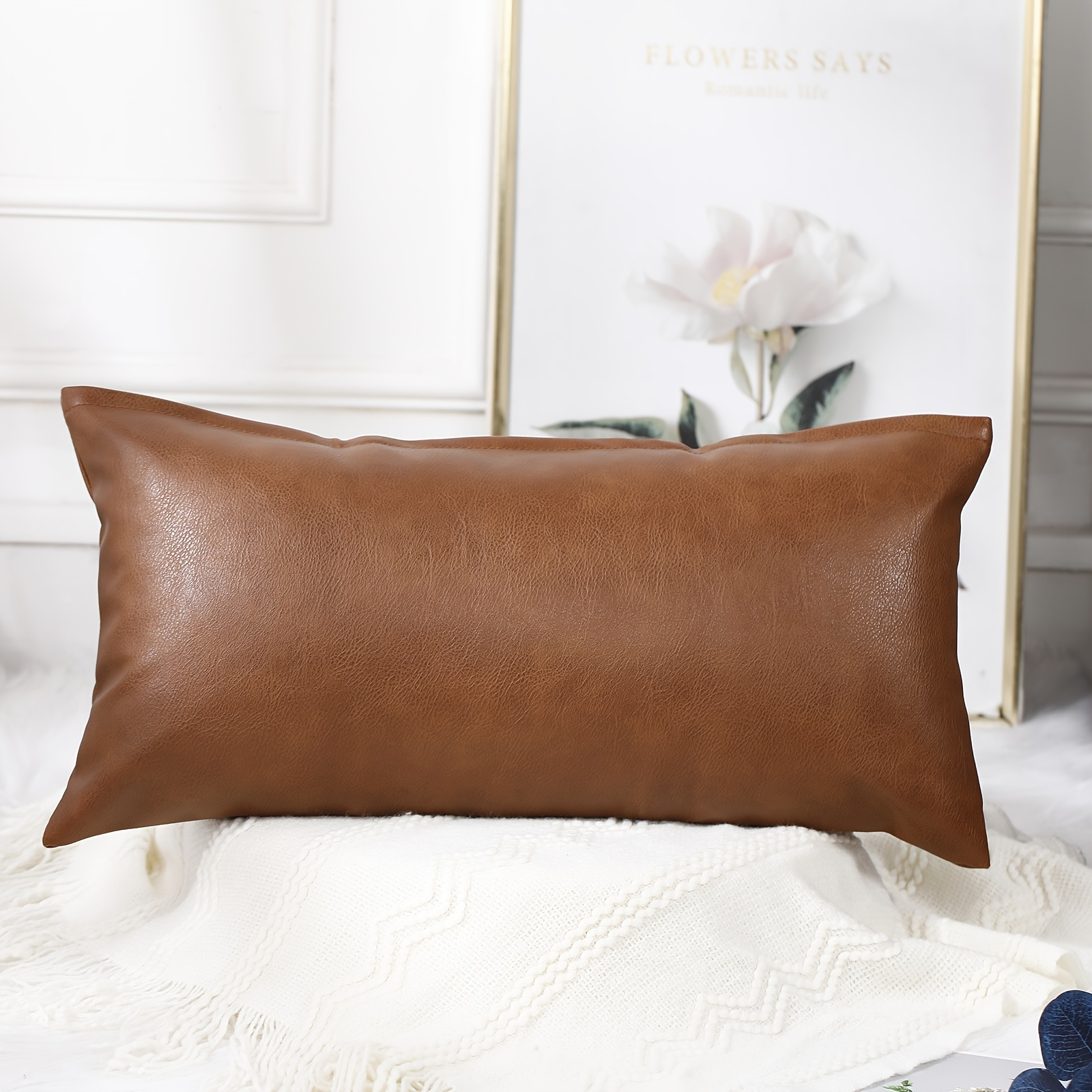 1pc Light Brown Faux Leather Lumbar Pillow Covers - Soft and Comfortable  Cushion Case for Farmhouse Sofa, Couch, Bed, and Living Room