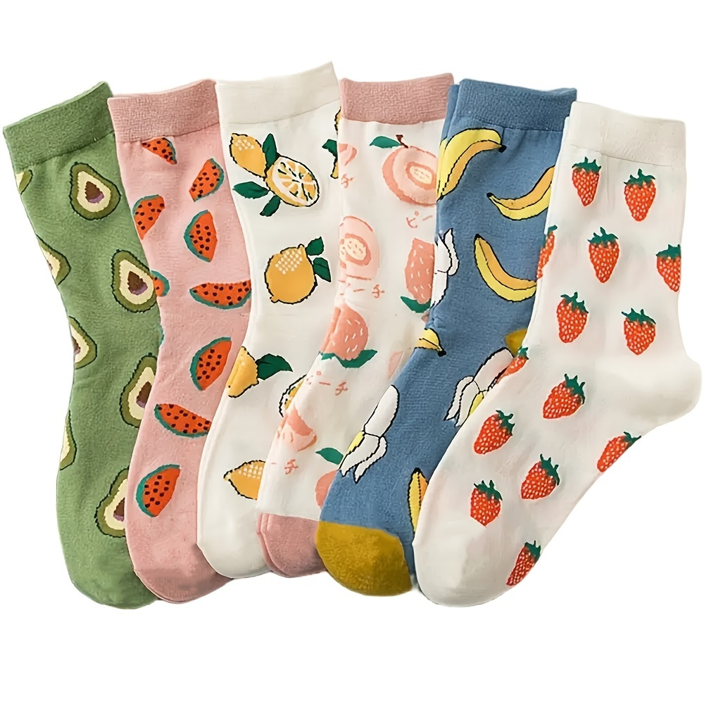 

6 Paires De Chaussettes Mignonnes À Motif De Fruits, Chaussettes Décontractées Multicolores Et Respirantes À Mi-tube Pour Les Cadeaux De Noël, Bas Et Collants Pour Femmes