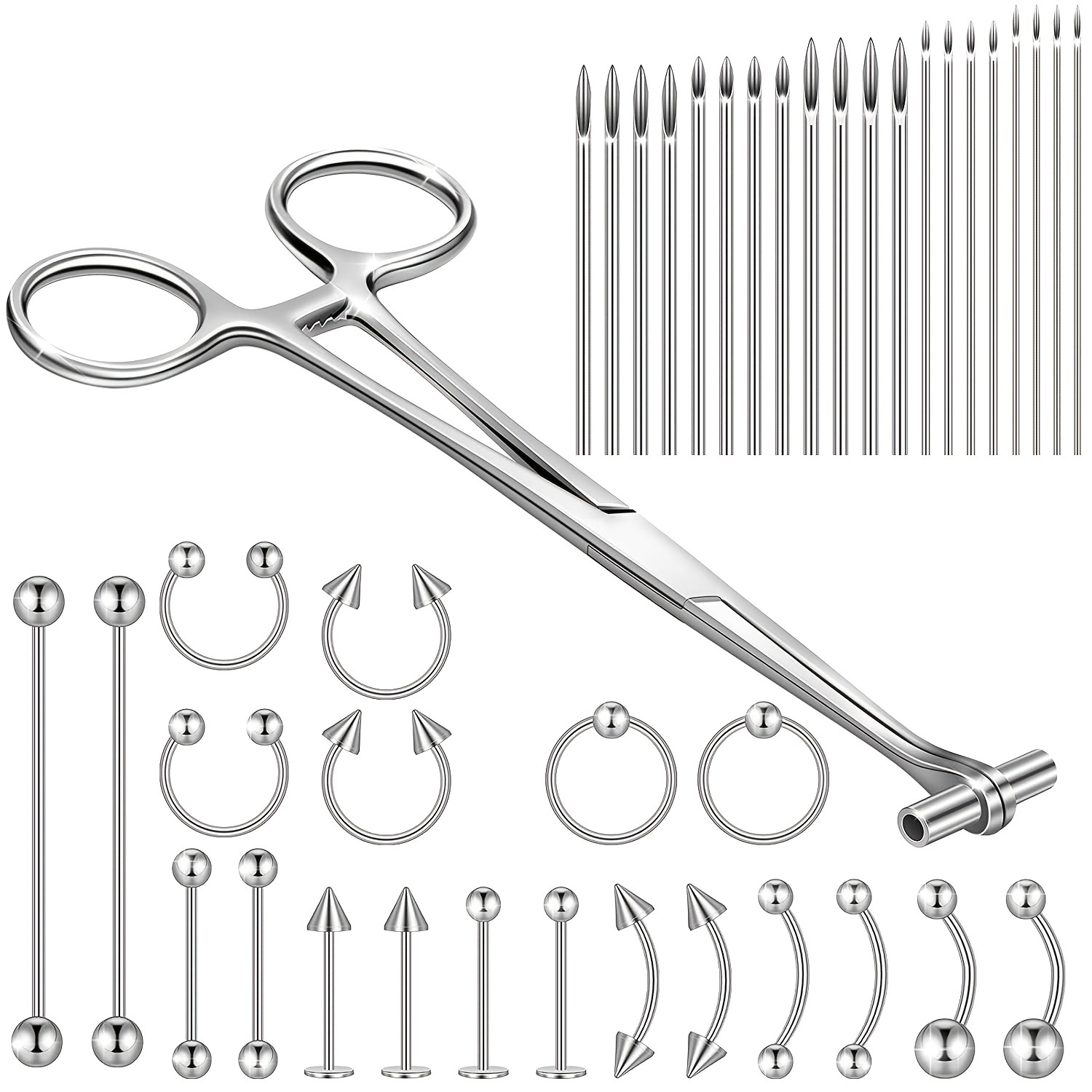 

41 Pieces Body Piercing Tool Kit Include Septum Forceps Clamp Pliers 20 Pcs 316l Stainless Steel Piercing Needles And 20 Pcs Nose Ring Hoop Jewelry For Ear Lip Belly Navel Tongue