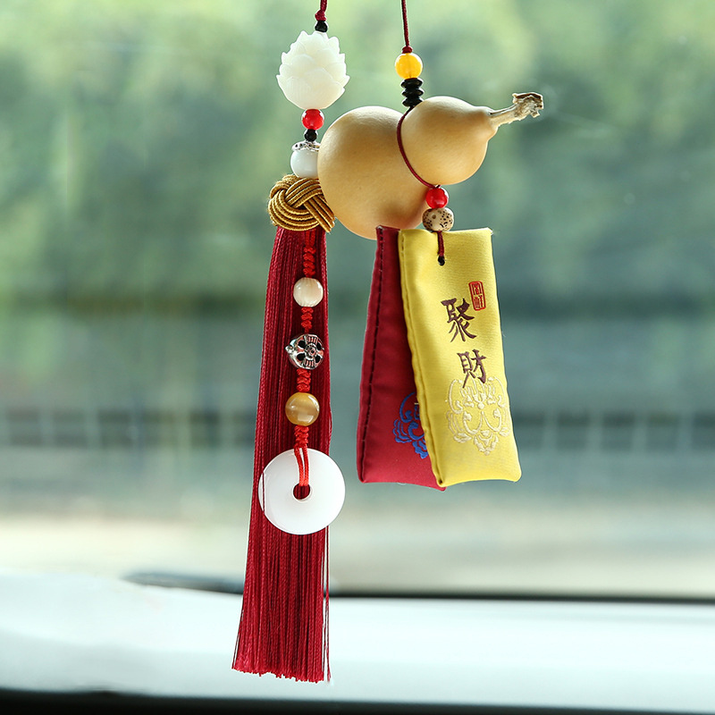 gather fortune and blessings with this natural gourd car rear view mirror pendant details 0