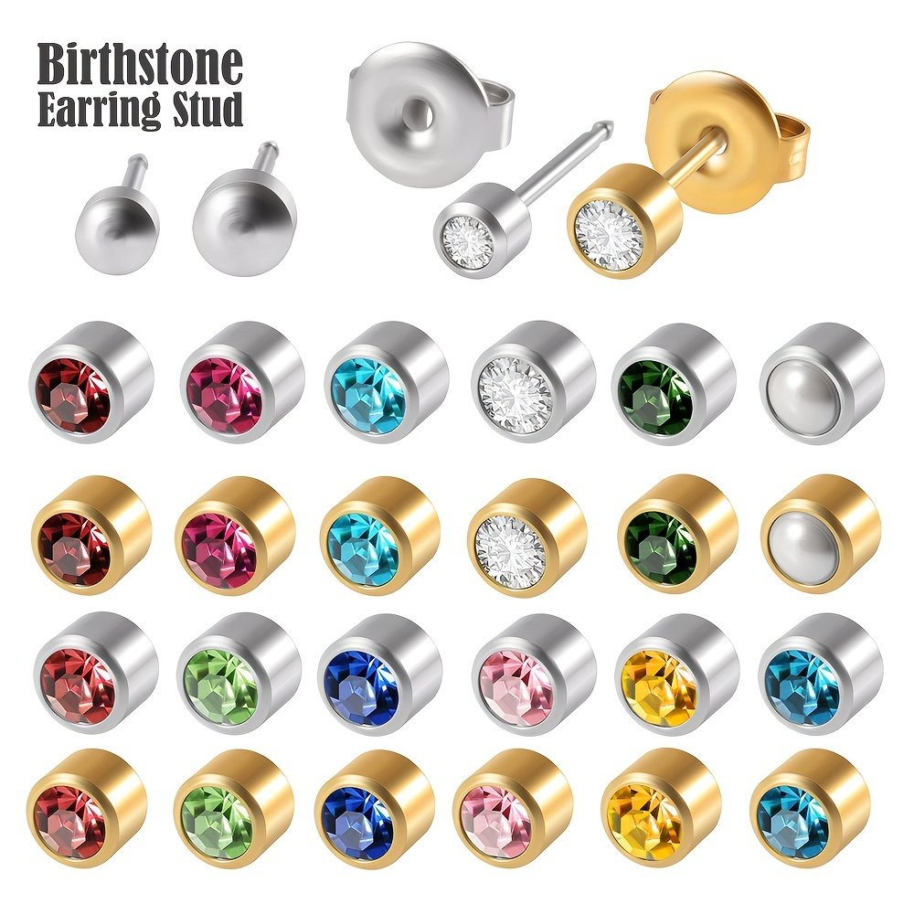 Stainless Steel 12 Months Birthstone Earrings Silicone - Temu
