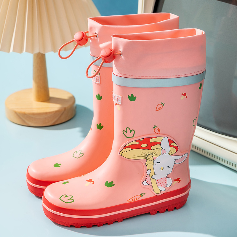 Boys and Girls Casual Cartoon Rain Boots with Astronaut and Bunny Print, Easter/rabbit/bunny Non-Slip Waterproof Drawstring Rubber Boots for