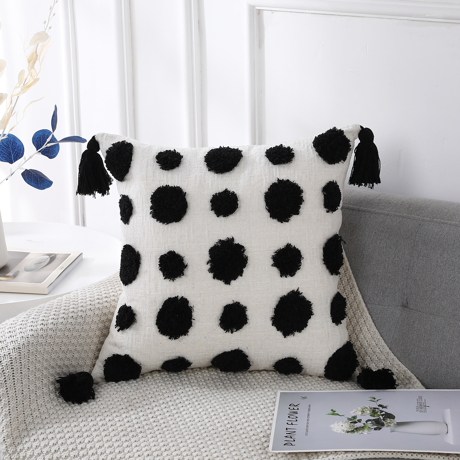 Chenille Pom Pom Tufted Decorative Lumbar Throw Pillow - Temu