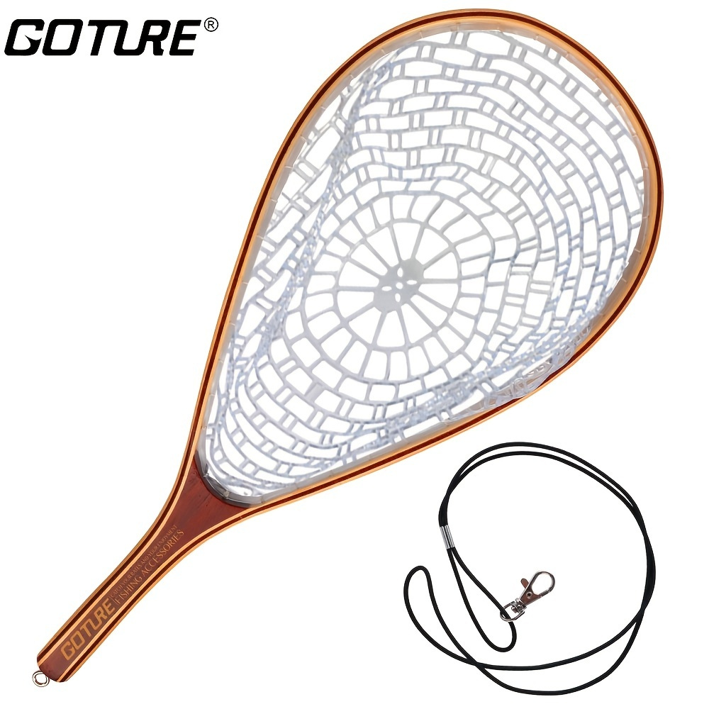 Fly Fishing Landing Net Rubber Curve Wood Handle+Magnetic Release  Holder+Cord 