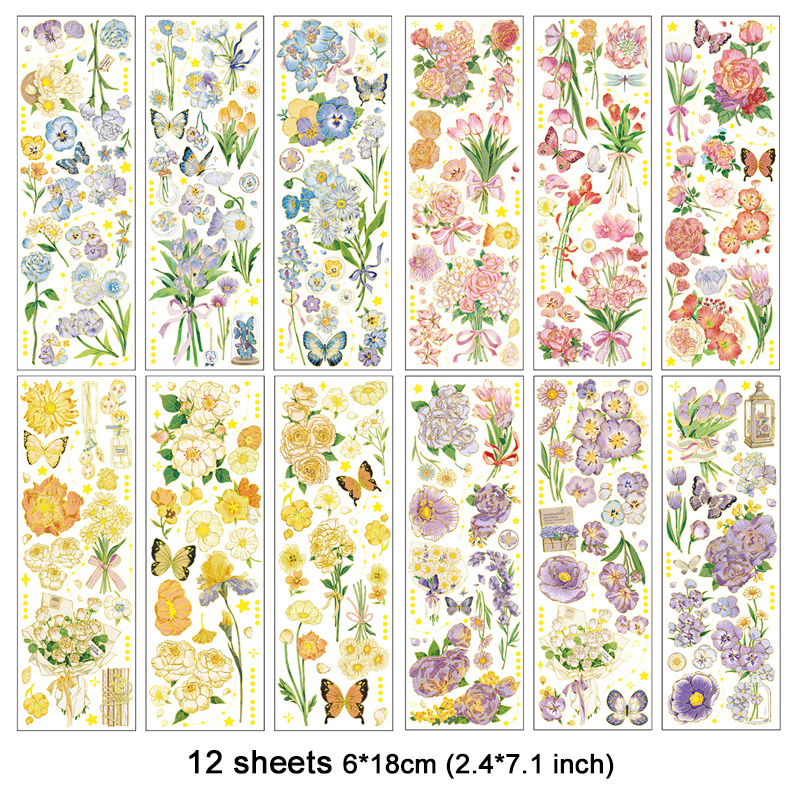 12 Sheets Scrapbook Stickers Flower Stickers Decoration Sticker Planner  Stickers Assorted Plant Stickers Clear PET for Scrapbooking Diary Album