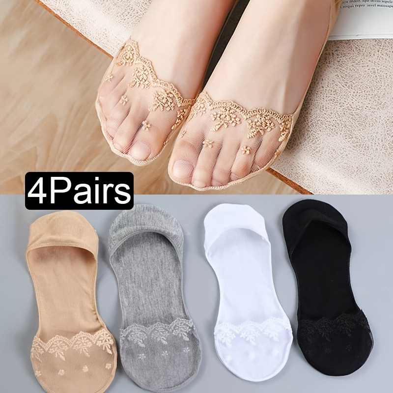 

4 Pairs Summer Women Invisible Socks Cotton Shallow Mouth Socks Lace Boat Socks, Women's Stockings & Hosiery