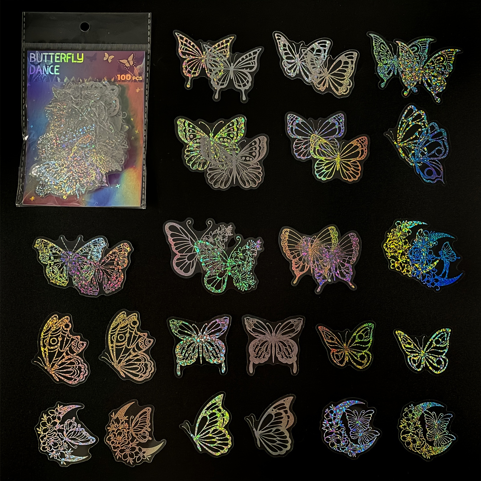 

100pcs/pack Transparent Butterfly Laser Stickers, Holographic Stickers, Pet Creative Retro Stickers, For Laptop, Water Bottles, Helmet, Skateboard Easter Gift