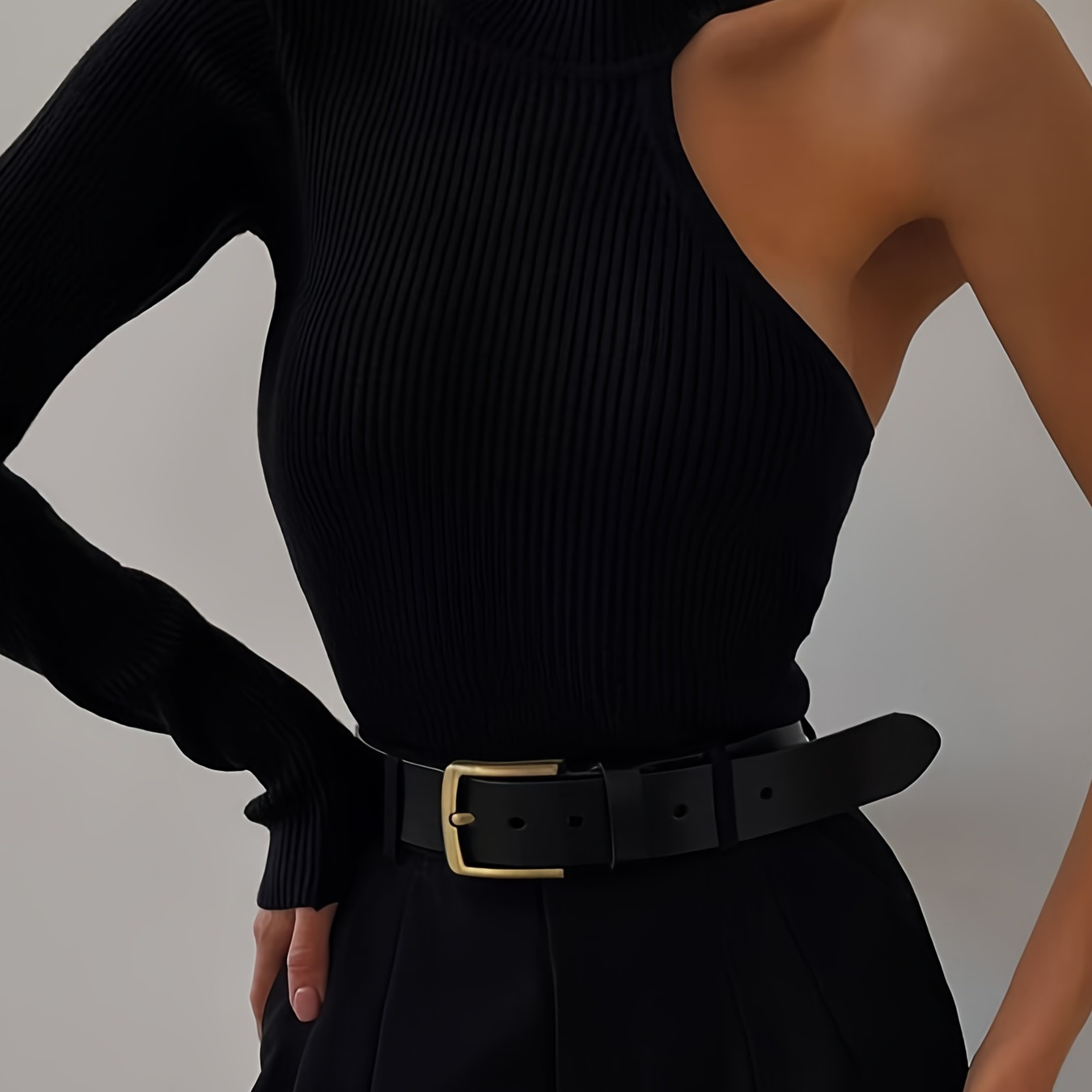 

Solid Asymmetric 1 Shoulder Ribbed Knit Long Sleeve Bodysuit, Sexy Fall Winter 1 Piece Bodysuits, Women's Clothing