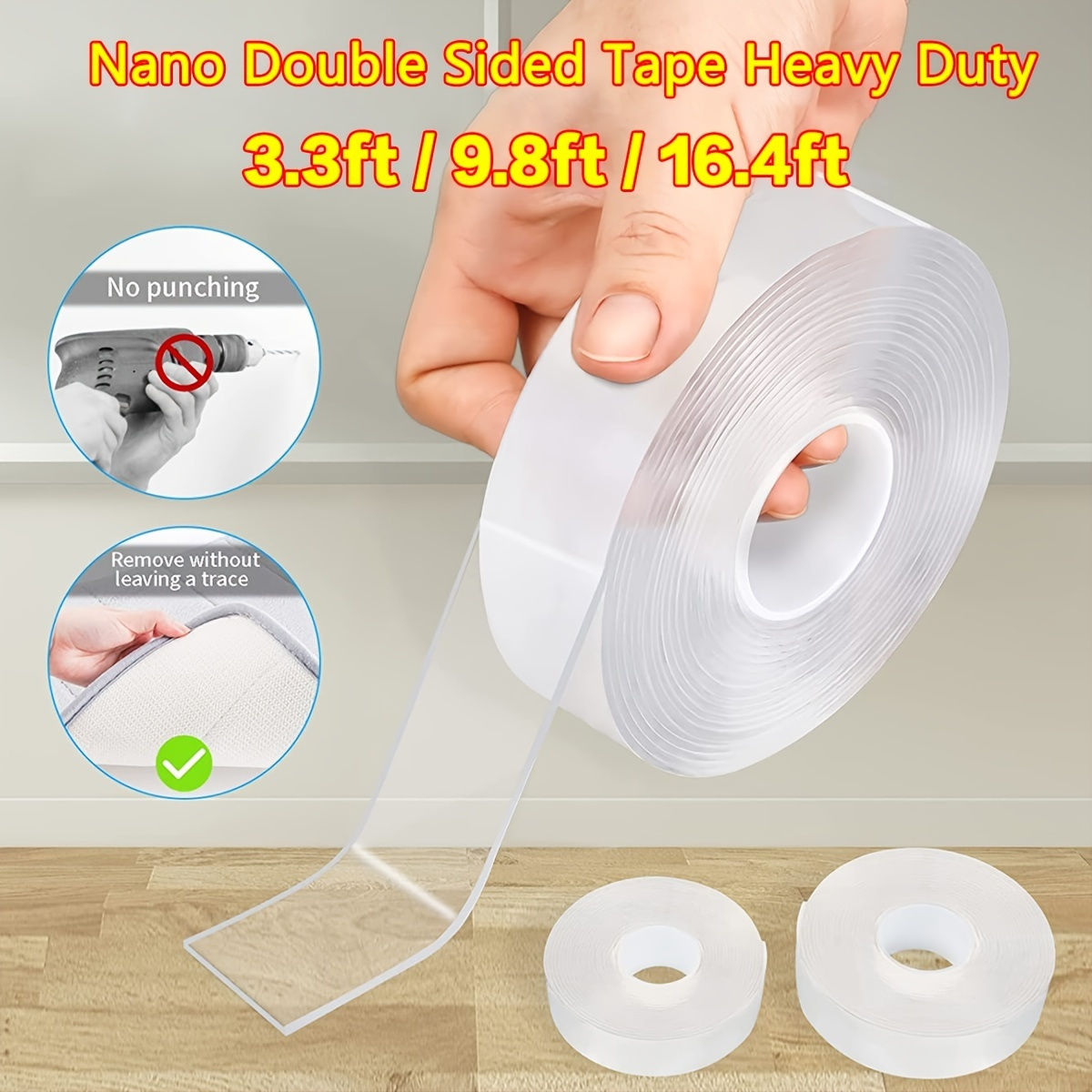 Double Sided Nano Tape for Walls(2 Rolls, Total 20FT), Heavy Duty Adhesive  Mounting Tape Strong Sticky Wall Strips Transparent Tape Poster for Hanging