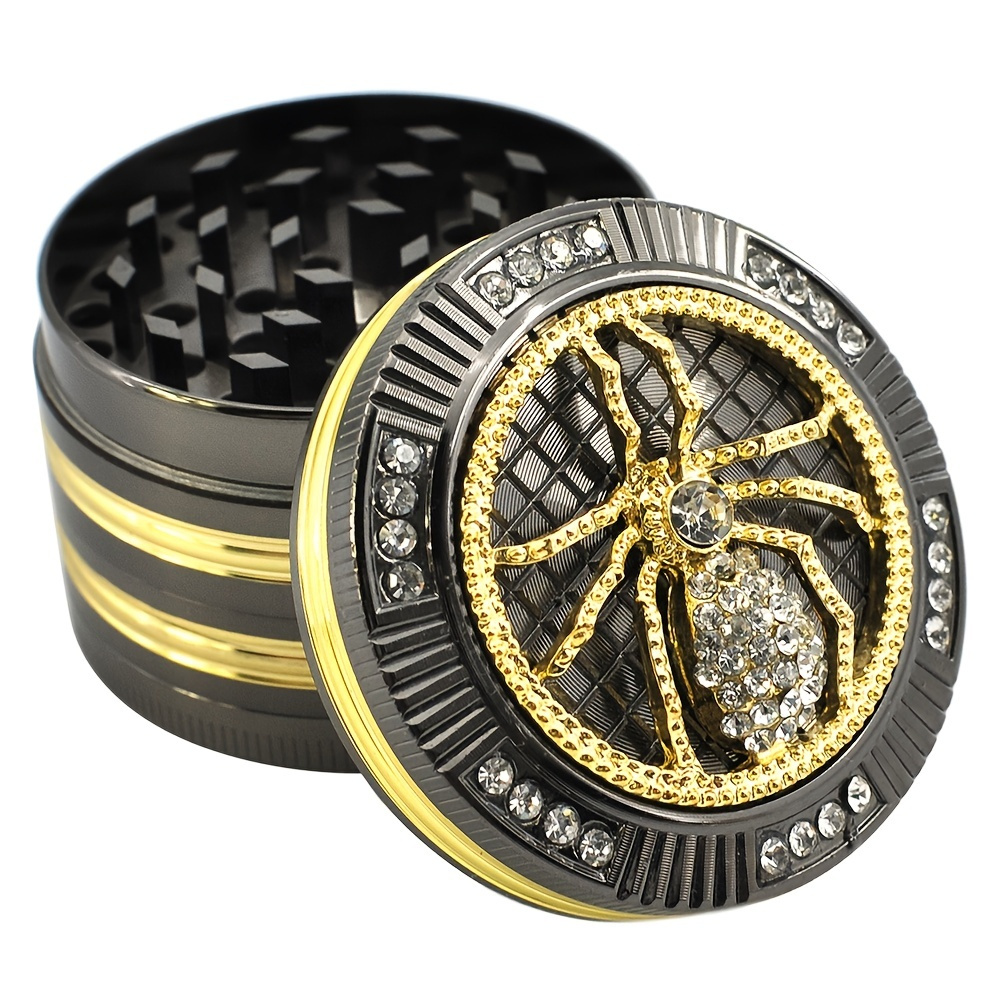 1pc 2 Inch  4-layer Manual Tobacco Grinder, Smoking Accessories, Herb Grinder, Spice Crusher, Bling Diamond Animal Design Black And Gold Tobacco Grinder