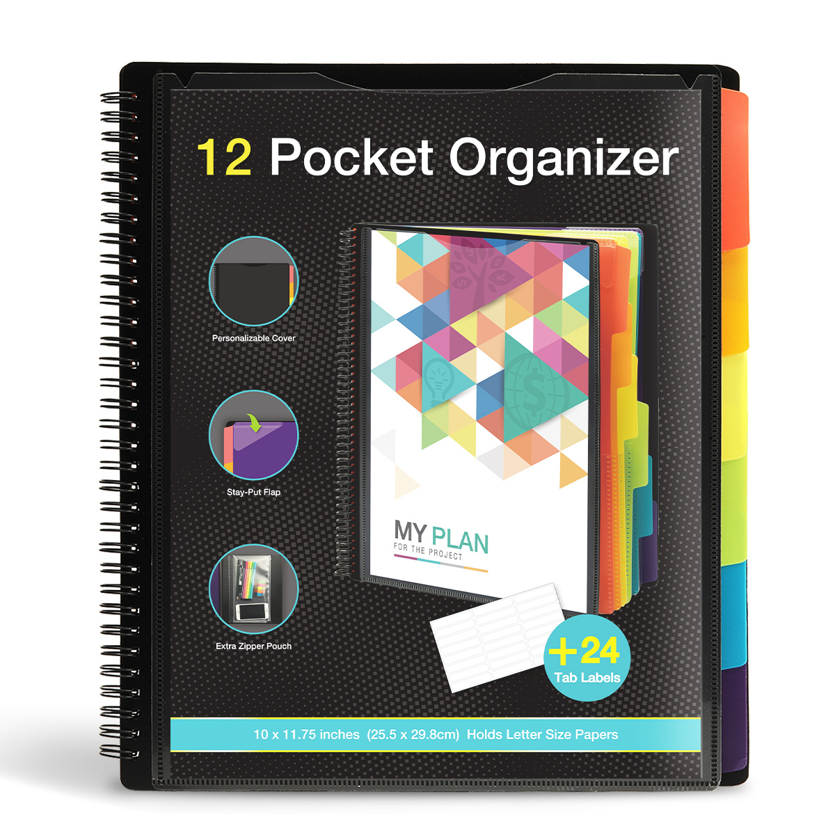 12 Pocket Project Organizer, Forvencer 1/6-cut Tab Binder Organizer with  Sticky Labels, Multi Pocket Folder with Zipper Pouch, Folder Binder Spiral