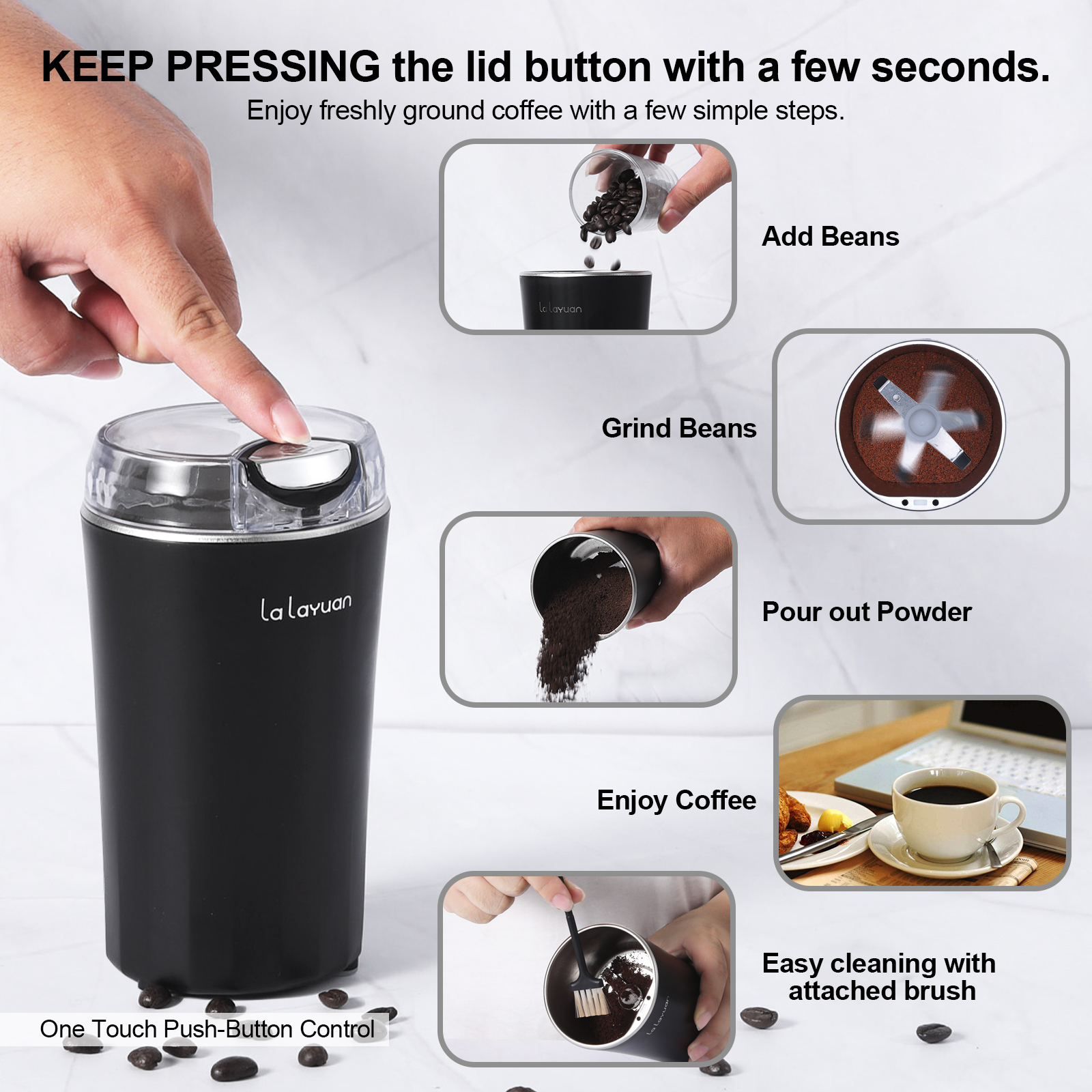 1pc,Powerful Electric Coffee Bean Grinder with One-Touch Control - Grind  Spices, Herbs, Nuts, and Espresso Beans - Includes Brush and Large Capacity  - Blue
