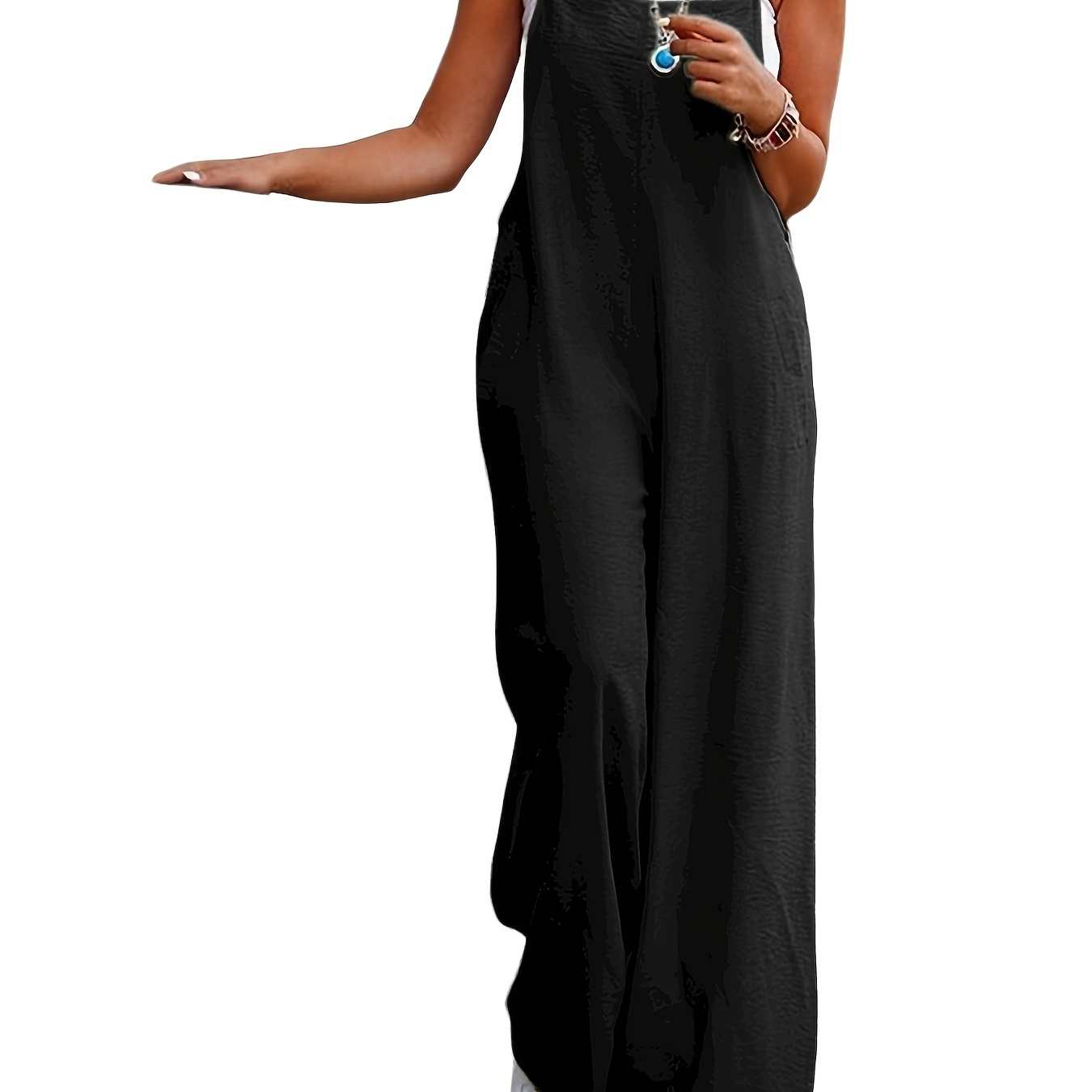 

Slant Pocket Wide Leg Jumpsuit, Casual Solid Sleeveless Jumpsuit, Women's Clothing