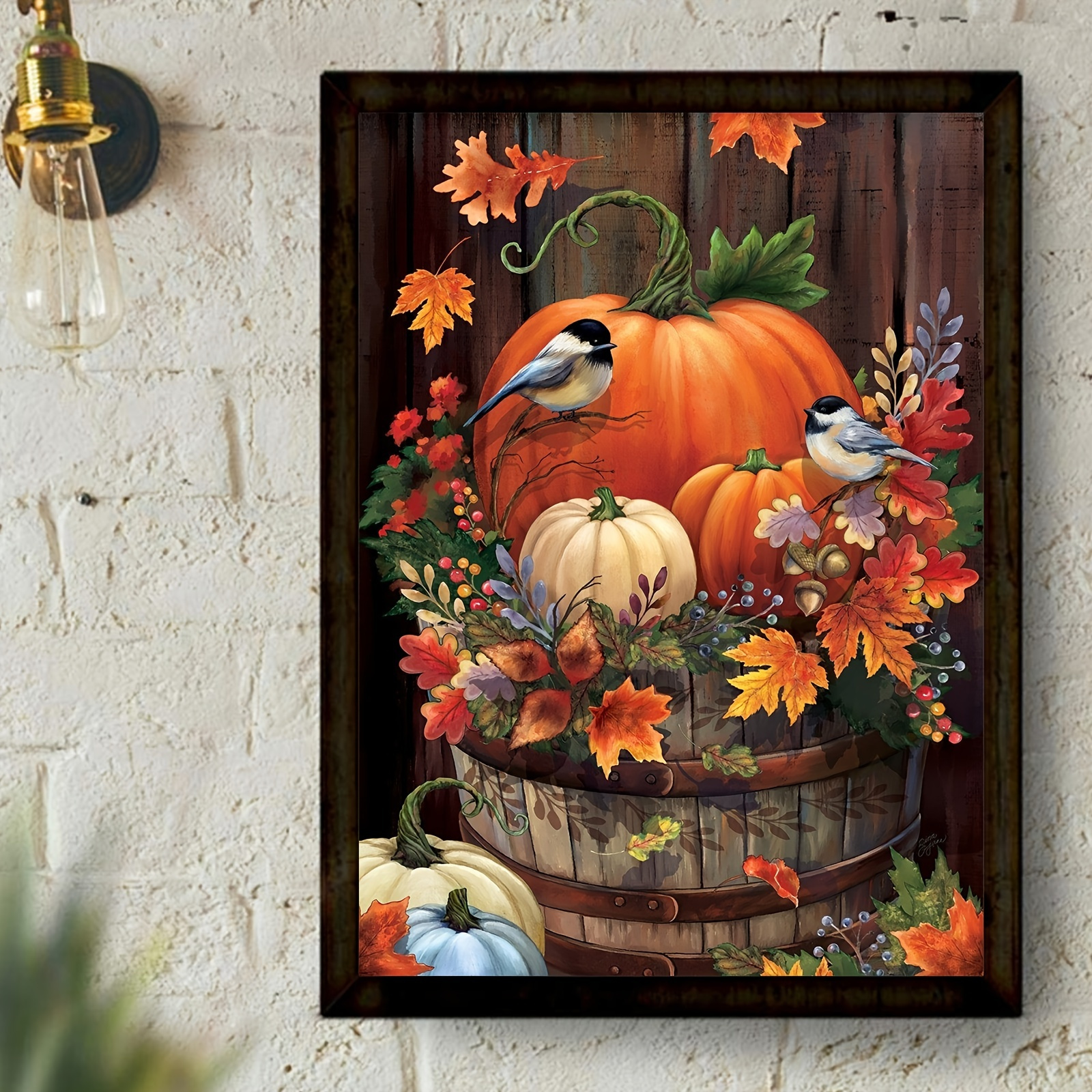 DIY Diamond Painting Kits, 5D Diamond Painting Full Round Gemstones Cross Stitch Embroidery Painting,Diamond Art Perfect For Relaxation And Home Wall Decor 11.8x15.7inch(Pumpkin And Birds)