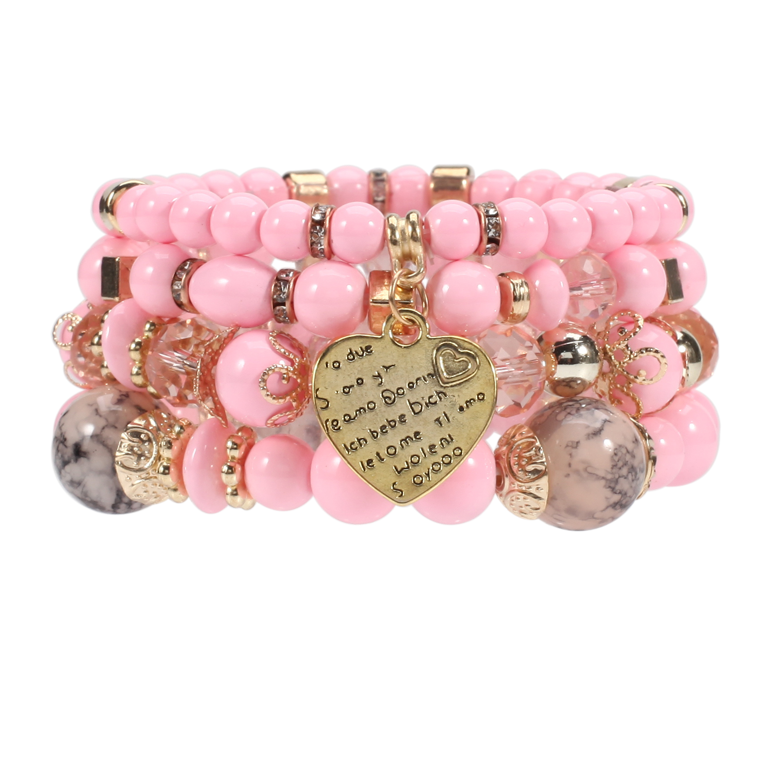 Multi Beaded Bracelets Layer Stretch Heart Charms Pink Beach