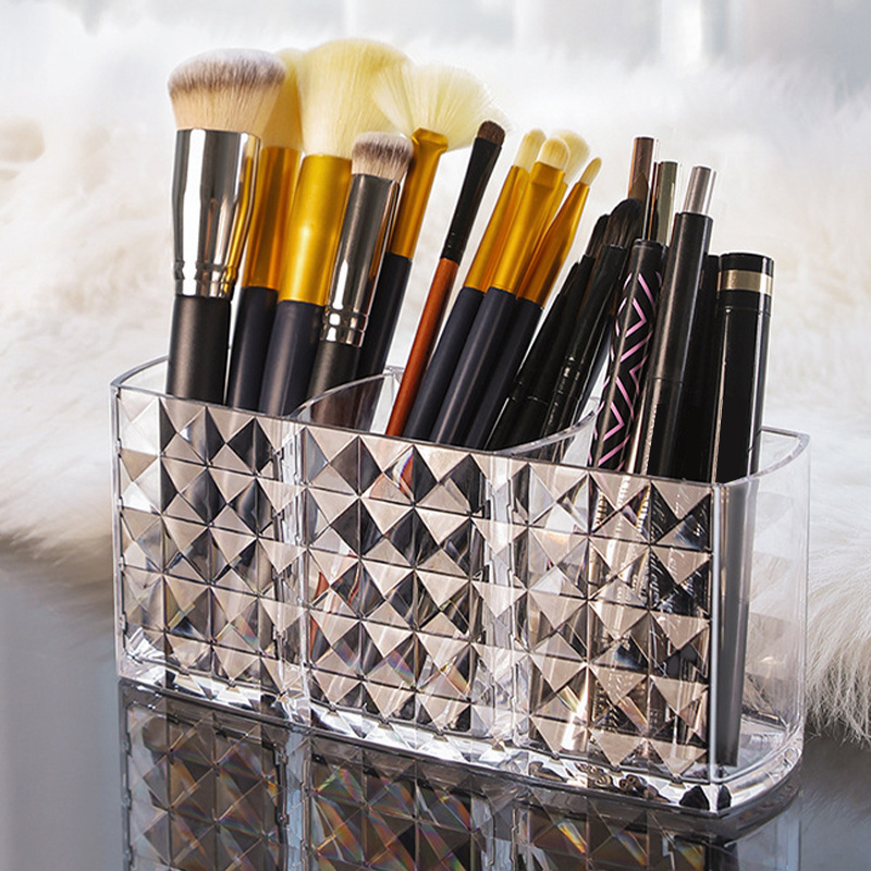 SHYFOY Organizador de brochas de maquillaje con espejo, 3 ranuras de vidrio  para cosméticos, soportes de almacenamiento con diamante triturado de