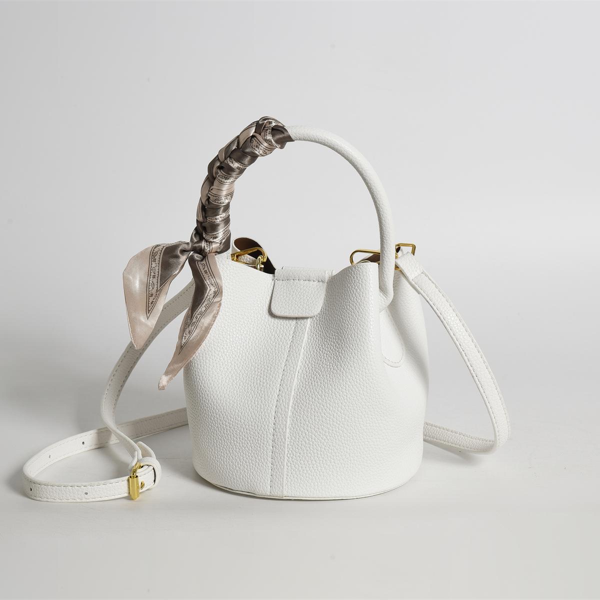 Mini Bucket Bag Twilly Scarf Decor Litchi Embossed Double Handle Zipper PU  Elegant
