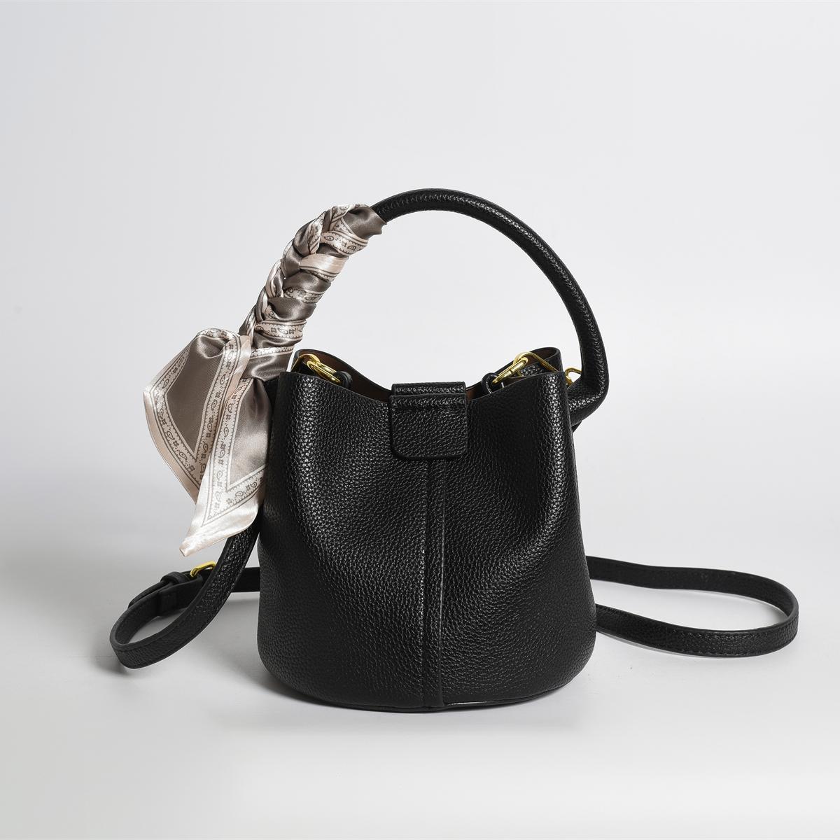 Black Bucket Bag With Cherry Design Bag Charm Fashionable Litchi Embossed  PU