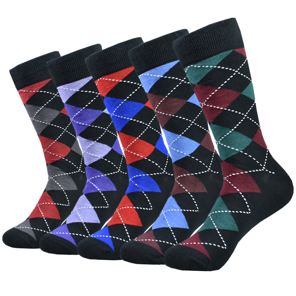 Image of 5pairs Men's Argyle Color Block Soft Crew Socks, Men's Business Socks, Multicolor Set