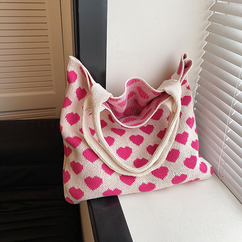 The Sak Black Pink Crochet Hearts Tote Knit Handbag Purse
