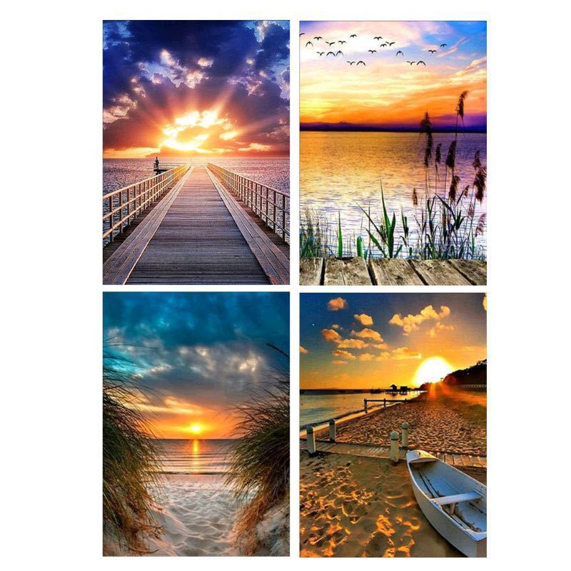 Yucurem DIY Diamond Painting Kit Beach Sunrise 5D Full Round Rhinestone Art  Picture 