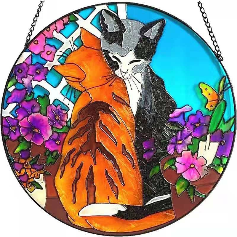 Two Cats Window Hanging, Colorful Round Wall Hanging, Wall Art, Wall ...