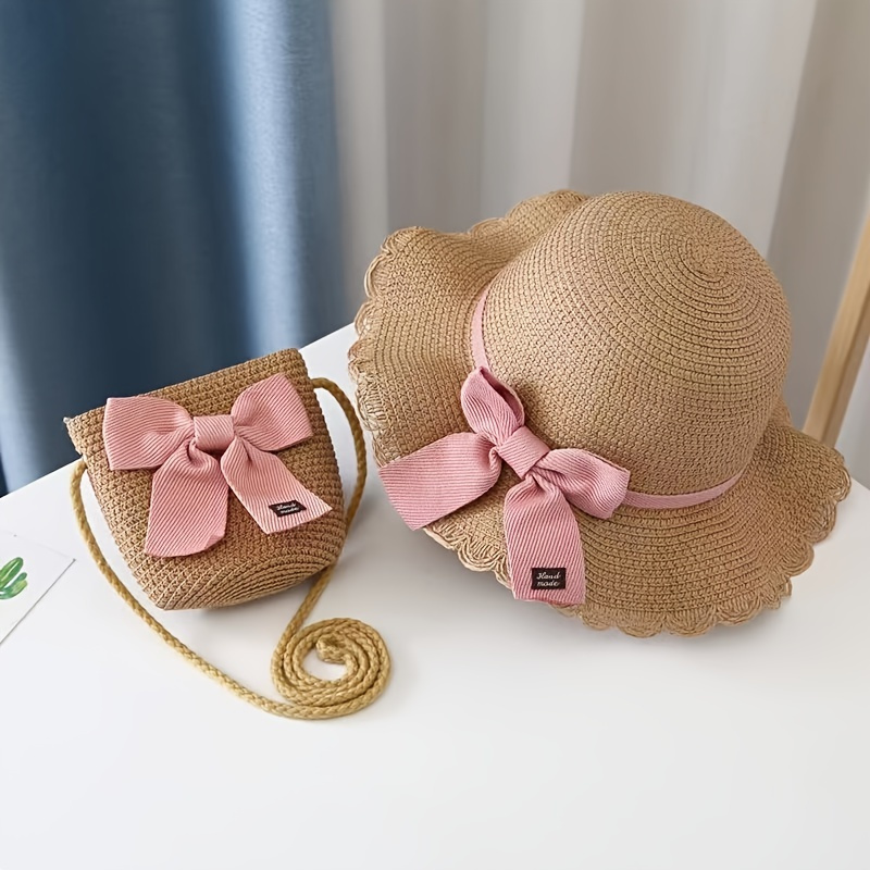 Girls Bow Decor Beach Straw Hat Sun Protection Sunshade Hat & Handbags Set