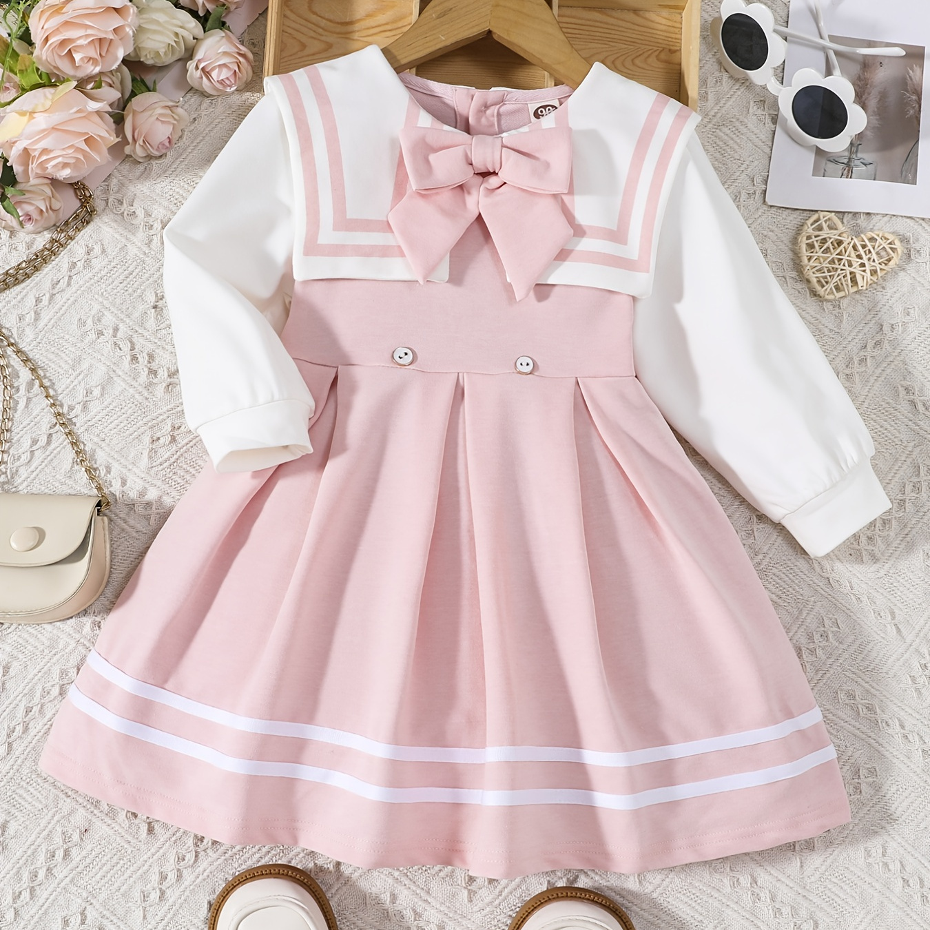 

Girls Casual Cute Stitching Sailor Collar Preppy Princess Dress With Bow Decoration For Autumn And Spring