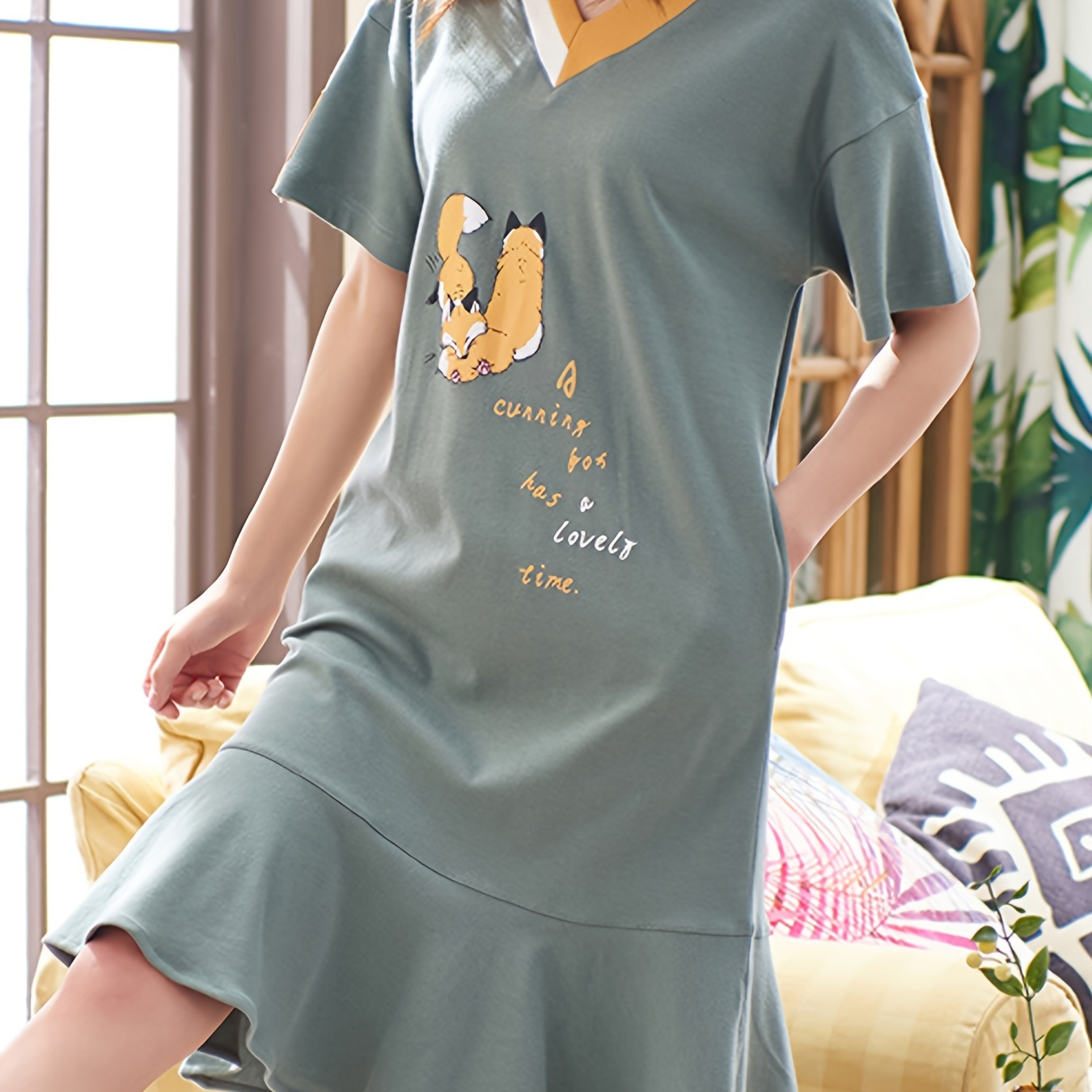 Casual Comfy Ruffle Pajama Dresses Cute Animal Print Short - Temu Canada