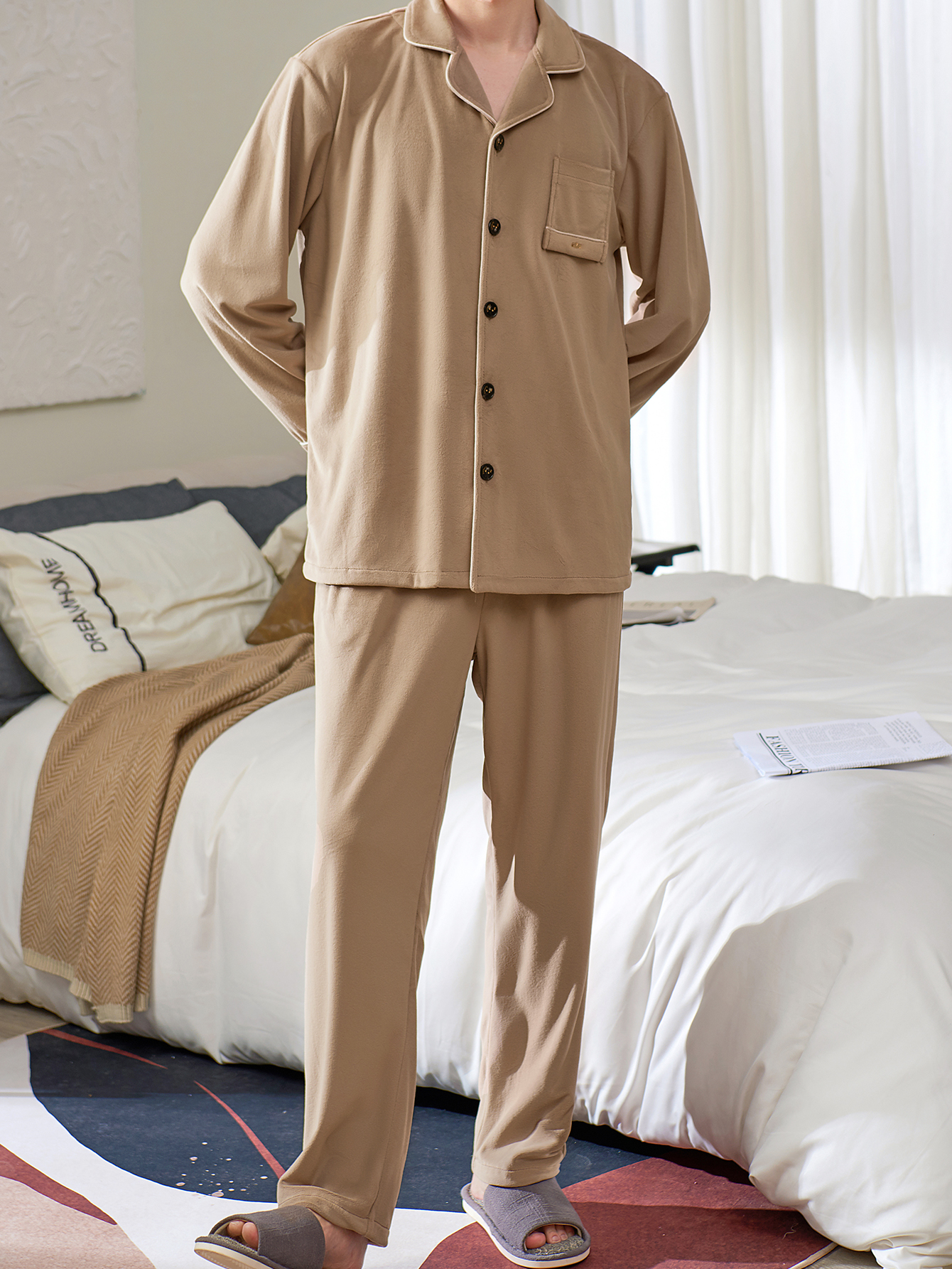 Men's Thermal Warm Thick Comfortable Pajama Sets With Pocket, Button Long  Sleeve Top & Pants, Men's Sleepwear Loungewear