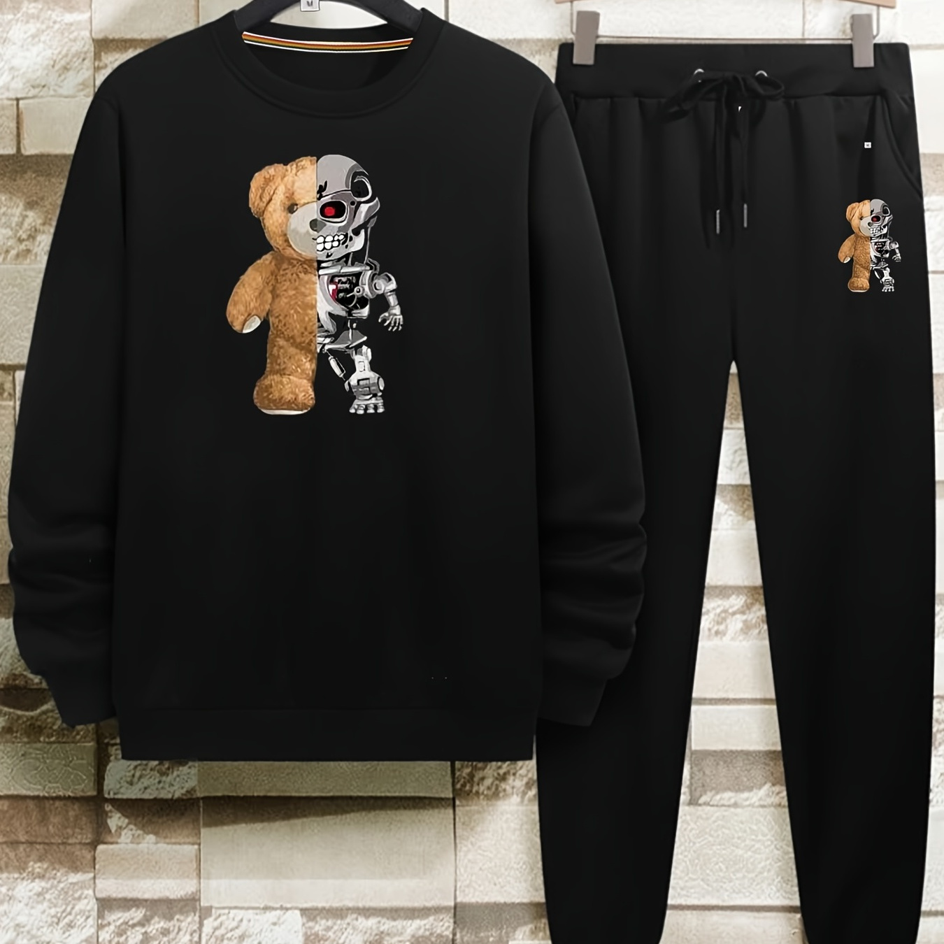 

Men's Creative Bear Print Crew Neck Lounge Set, Long Sleeve Round Neck Pullover Sweatshirt And Drawstring Sweatpants