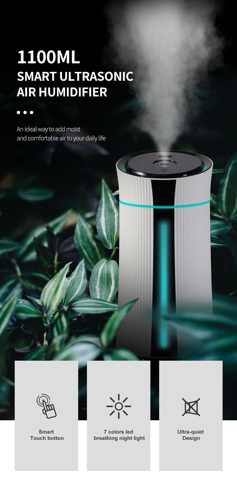 Cool Mist Humidifier A8 Quiet Air Humidifier For Bedroom, Desktop